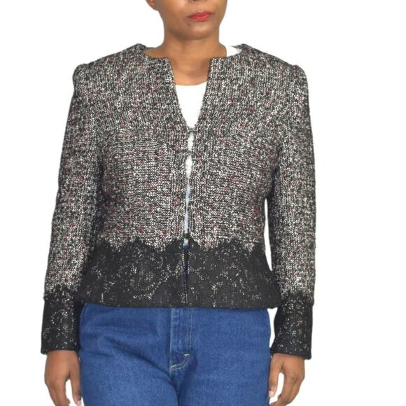 Karen Millen Tweed Jacket Lace Trim Suit Blazer Black Classic Textured Size 10 - Picture 12 of 15